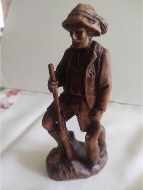 Vintage German Hand Carved Wooden Figurine 6 1/4"  German hunter with rabbit